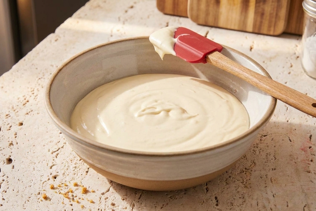 Smooth cheesecake batter in a large mixing bowl with a rubber spatula resting on the edge