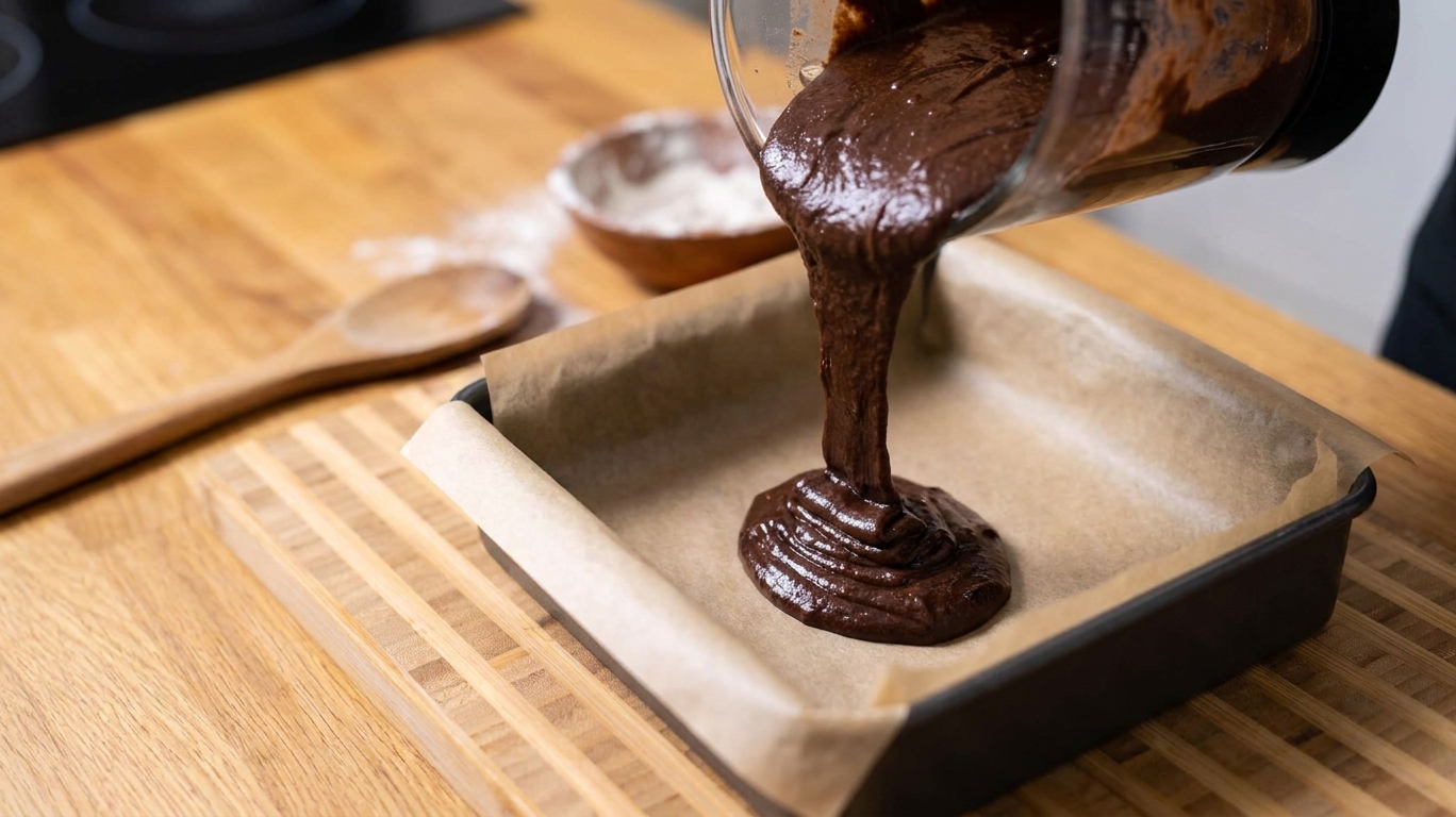 Smooth chocolate brownie batter being poured from a blender into a parchment-lined square baking pan on a kitchen counter