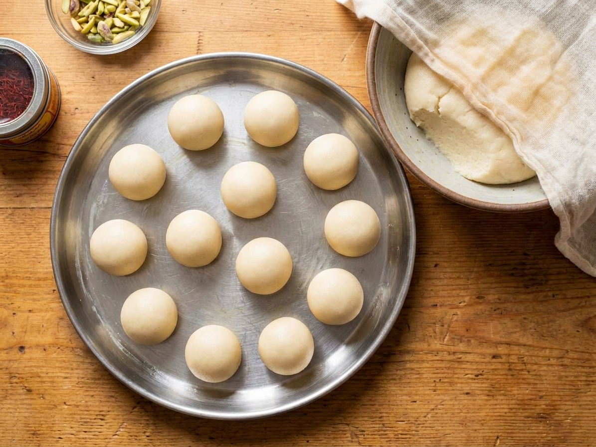 Smooth gulab jamun dough balls resting on a lightly greased plate while the remaining dough stays covered