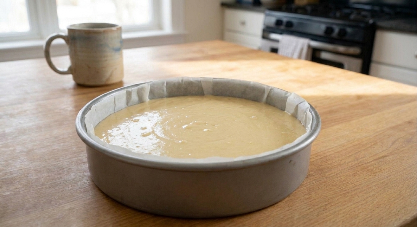 Smooth pale vanilla cake batter spread evenly in a greased round metal cake pan on a kitchen counter