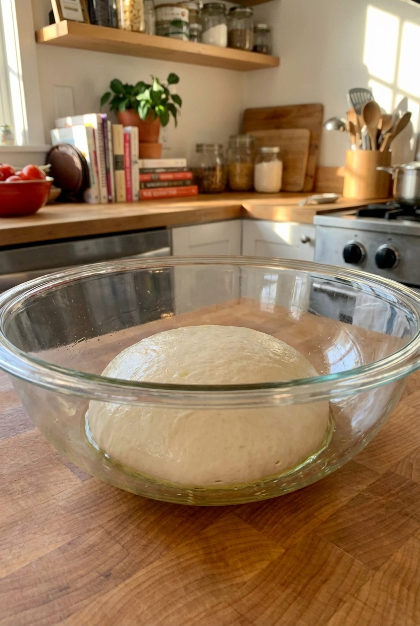Smooth pizza dough ball resting in a lightly oiled glass bowl on a kitchen counter
