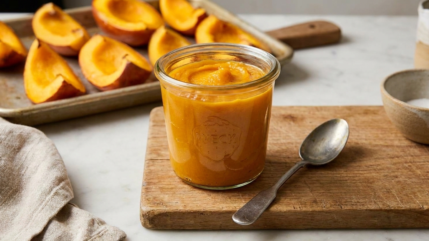 Smooth pumpkin puree in a clear glass jar with a spoon resting beside it on a warm kitchen counter