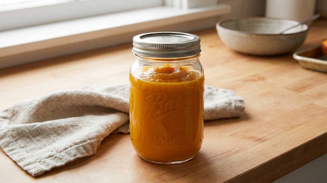 Smooth pumpkin puree stored in a glass jar with a lid on a clean kitchen counter