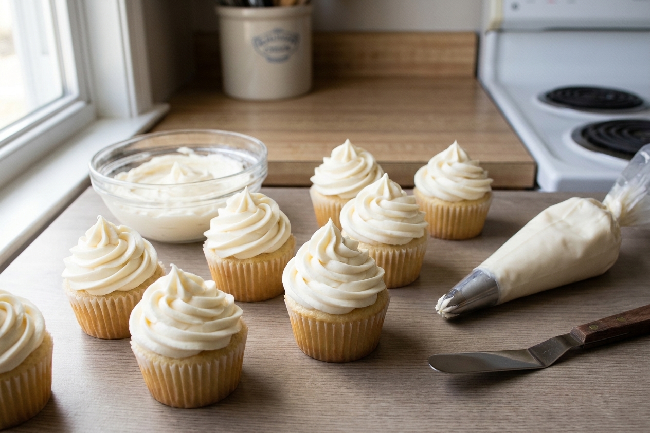Smooth white Wilton-style buttercream icing piped into tall swirls on cupcakes on a neutral kitchen counter with soft natural light