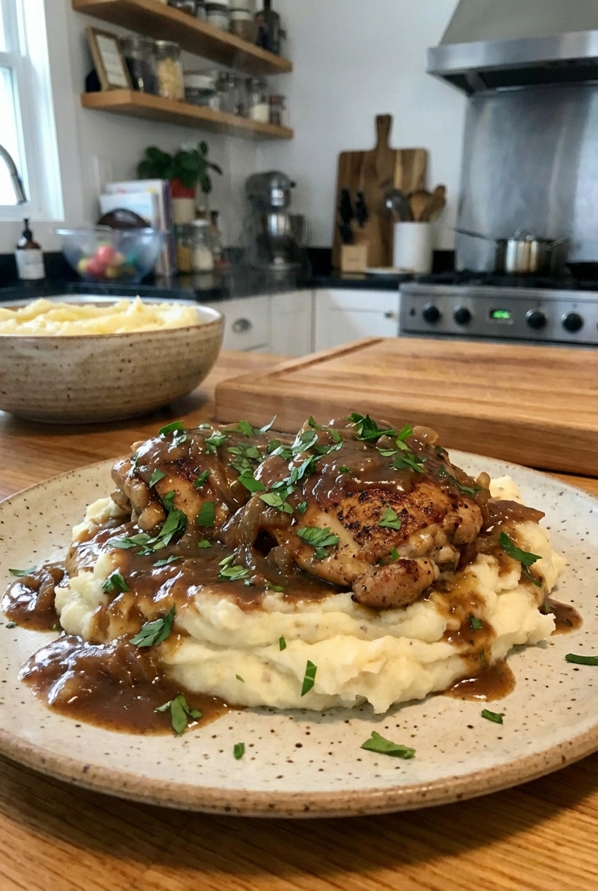 Smothered chicken plated over mashed potatoes with onion gravy and parsley