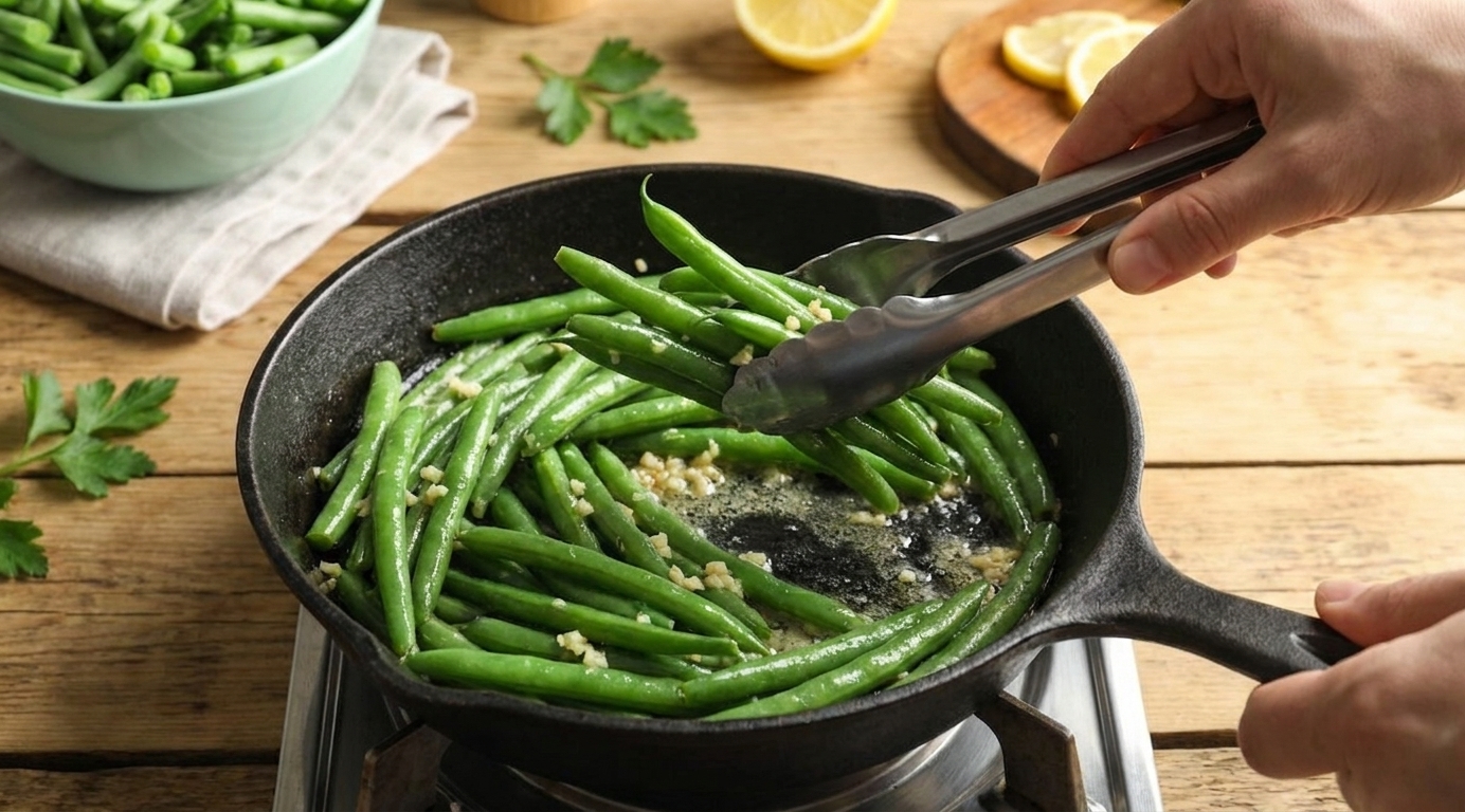 Snap beans being tossed in a skillet with melted garlic butter using tongs on a stovetop