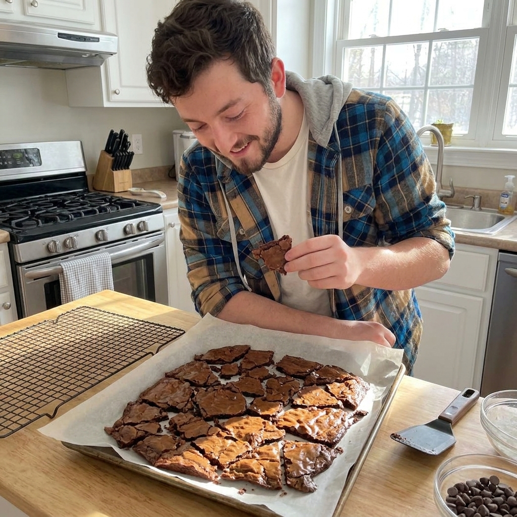 Snap-crisp brownie brittle shards with glossy chocolate edges cooling on a parchment-lined baking sheet in a bright home kitchen, real food photography