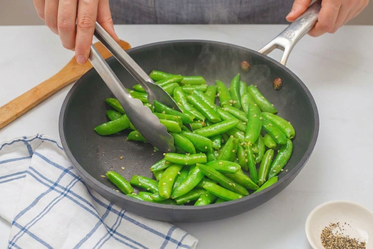 Snap peas being tossed with tongs in a hot skillet on a stovetop, with light steam rising
