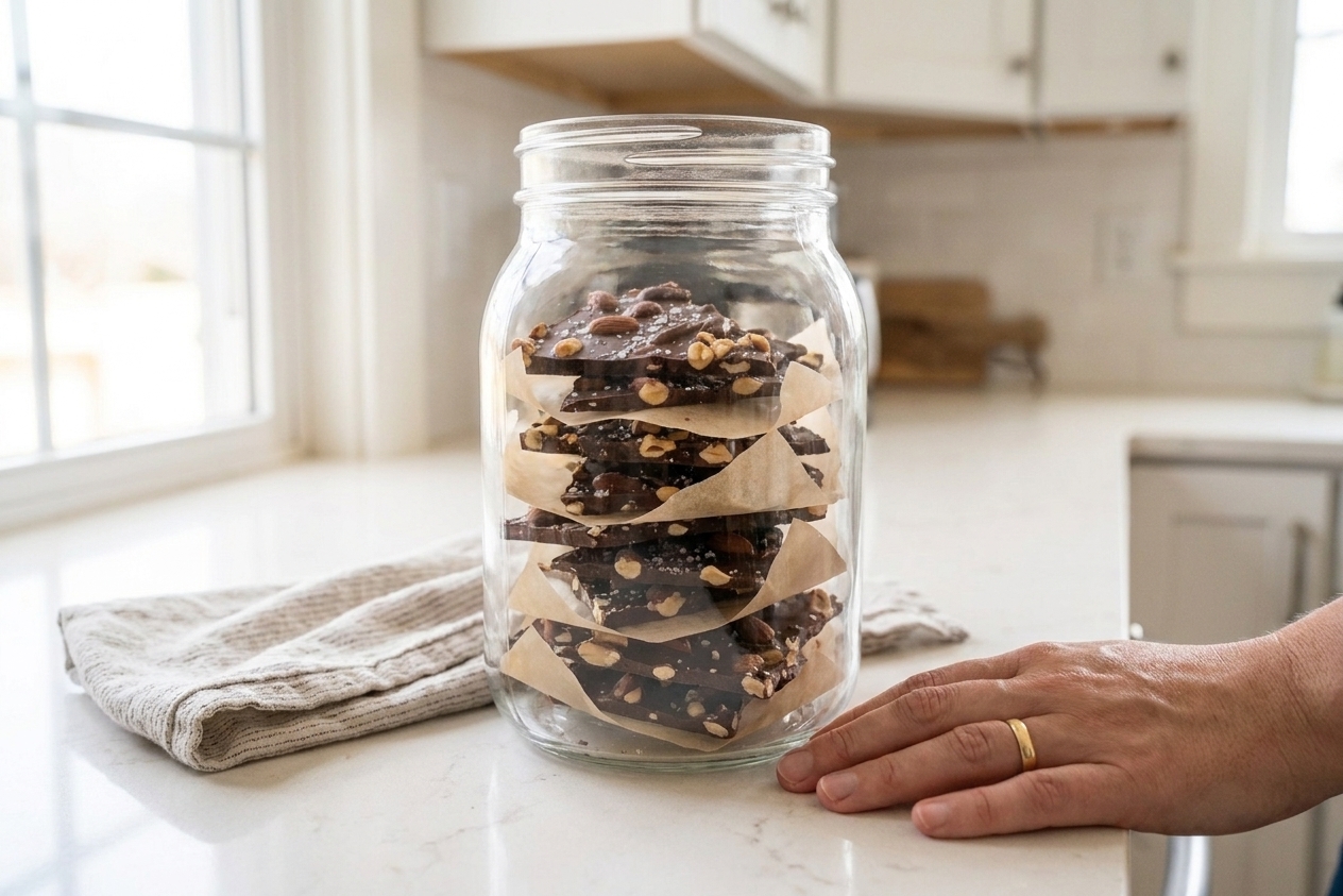 Snapped pieces of cocoa bark stacked in a glass container with parchment paper between layers on a kitchen counter