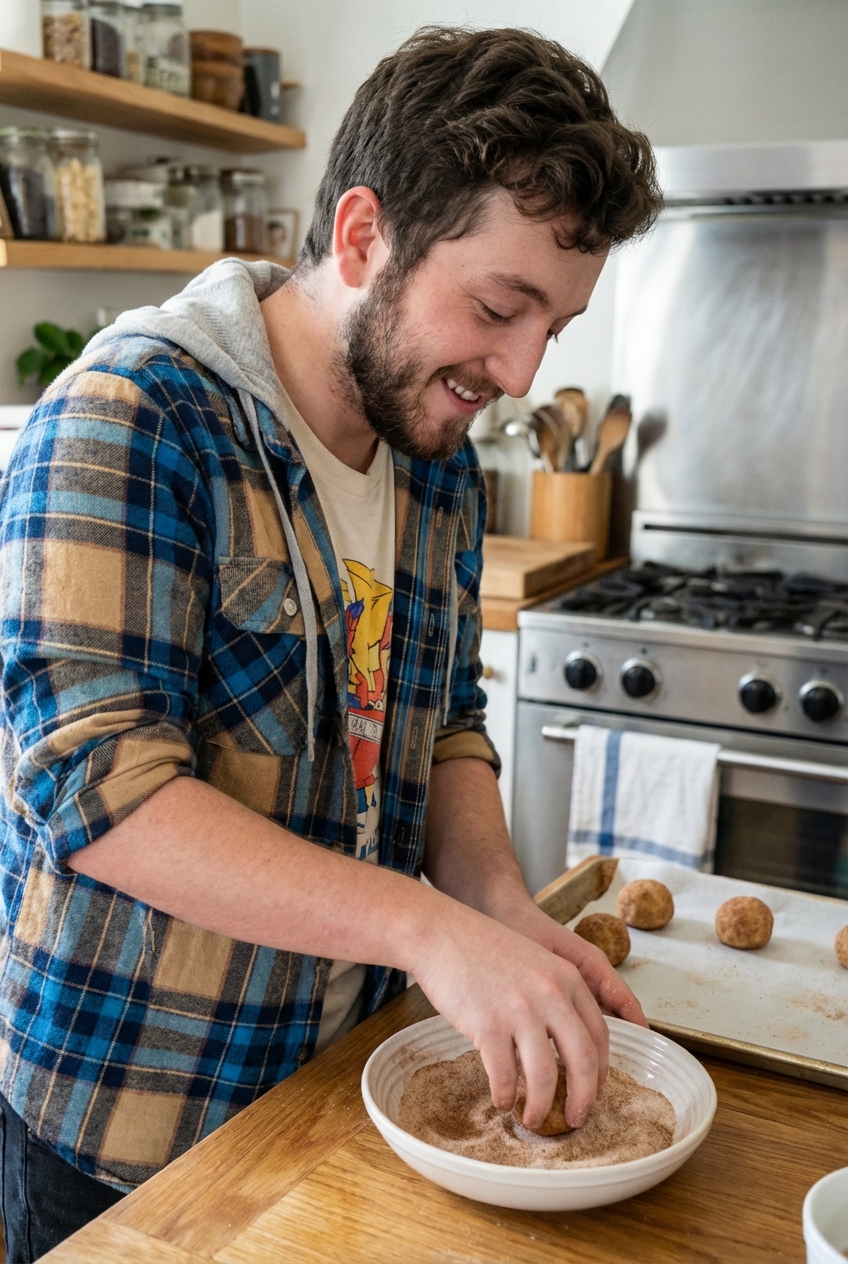 Snickerdoodle dough balls being rolled in a shallow bowl of cinnamon sugar on a kitchen counter