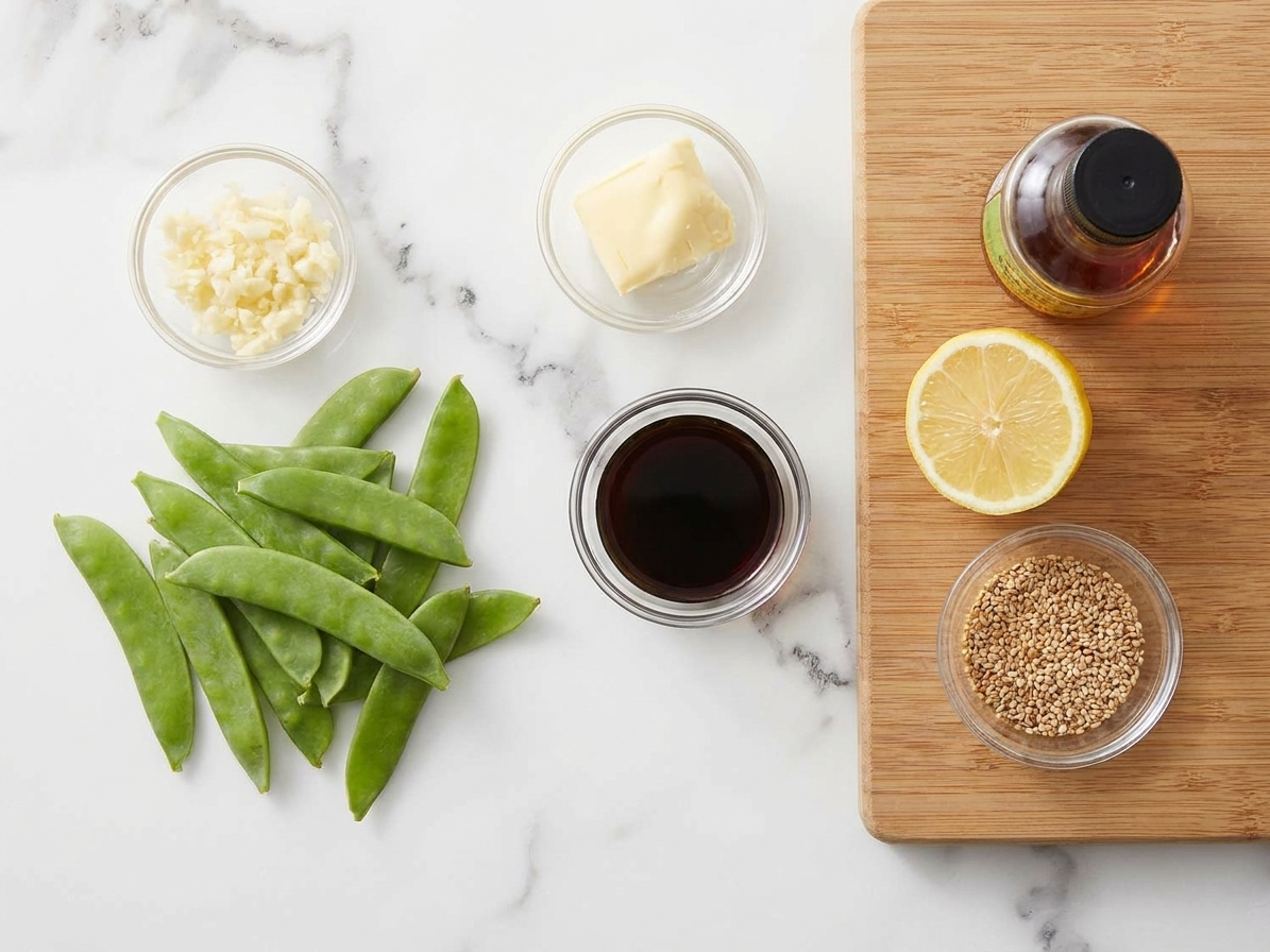 Snow peas, garlic, soy sauce, butter, lemon, sesame oil, and sesame seeds arranged on a clean kitchen counter with a cutting board