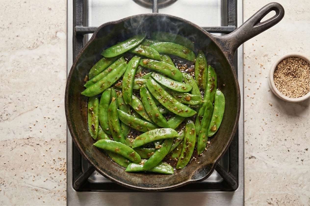 Snow peas sizzling in a hot skillet with a few blistered brown spots forming, captured mid-cook on a stovetop