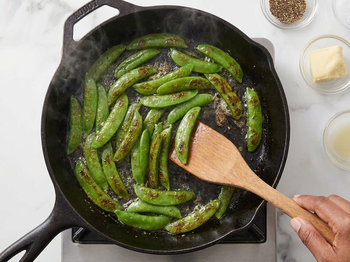 Snow peas sizzling in a hot skillet with a light sheen of oil, beginning to blister and brown at the edges
