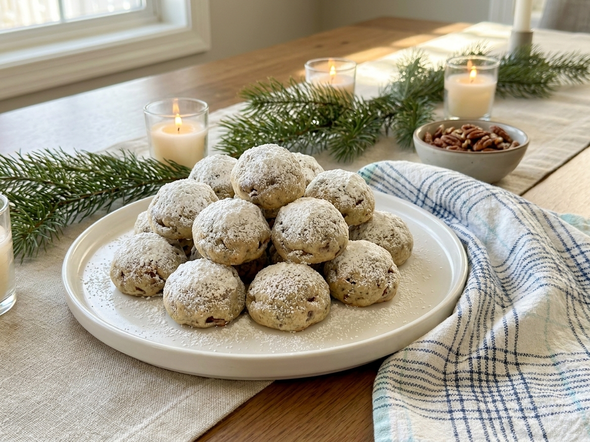 Snowball cookies piled on a simple serving platter on a dining table with a neutral holiday table setting and soft window light