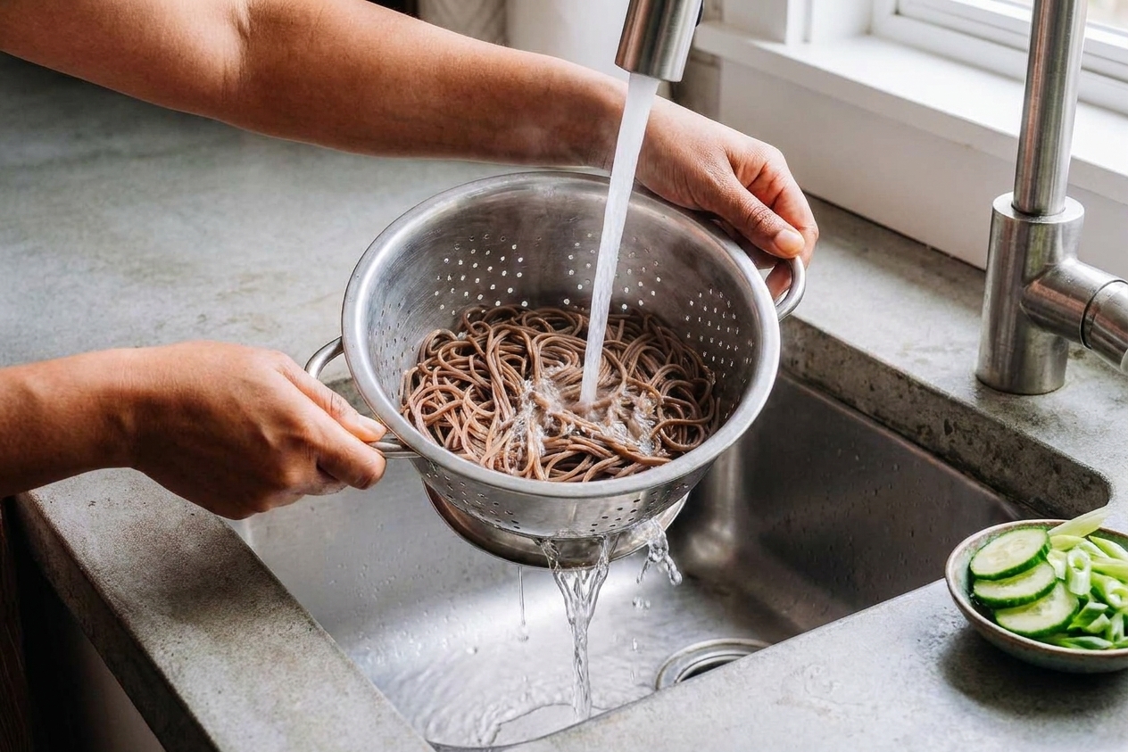 Soba noodles being rinsed under cold water in a colander in a stainless steel sink