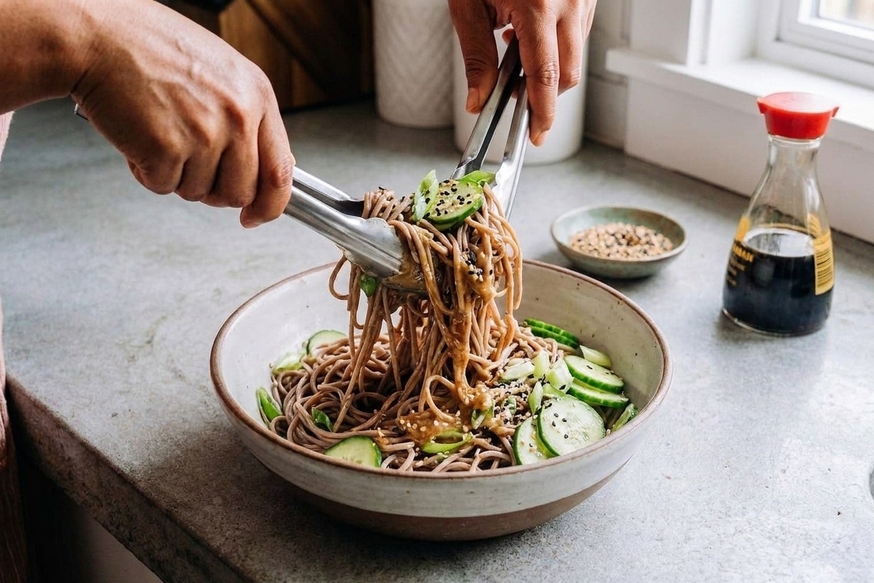 Soba noodles being tossed with sesame dressing and vegetables in a large mixing bowl using tongs
