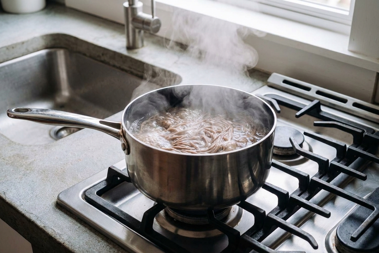 Soba noodles boiling in a medium pot on a stovetop with steam rising