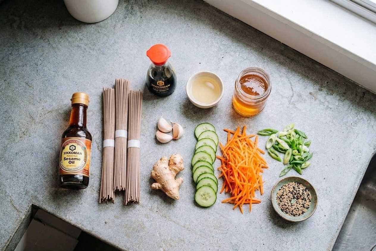 Soba noodles, toasted sesame oil, soy sauce, rice vinegar, honey, garlic, ginger, cucumbers, carrots, scallions, and sesame seeds arranged on a clean kitchen counter