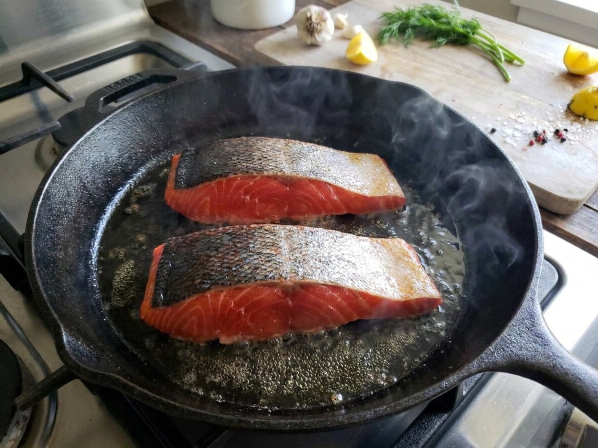 Sockeye salmon fillets cooking skin-side down in a hot skillet with shimmering oil
