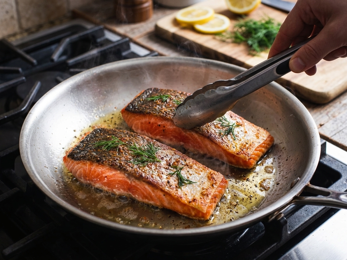 Sockeye salmon fillets searing skin side down in a stainless steel skillet with shimmering oil on a stovetop