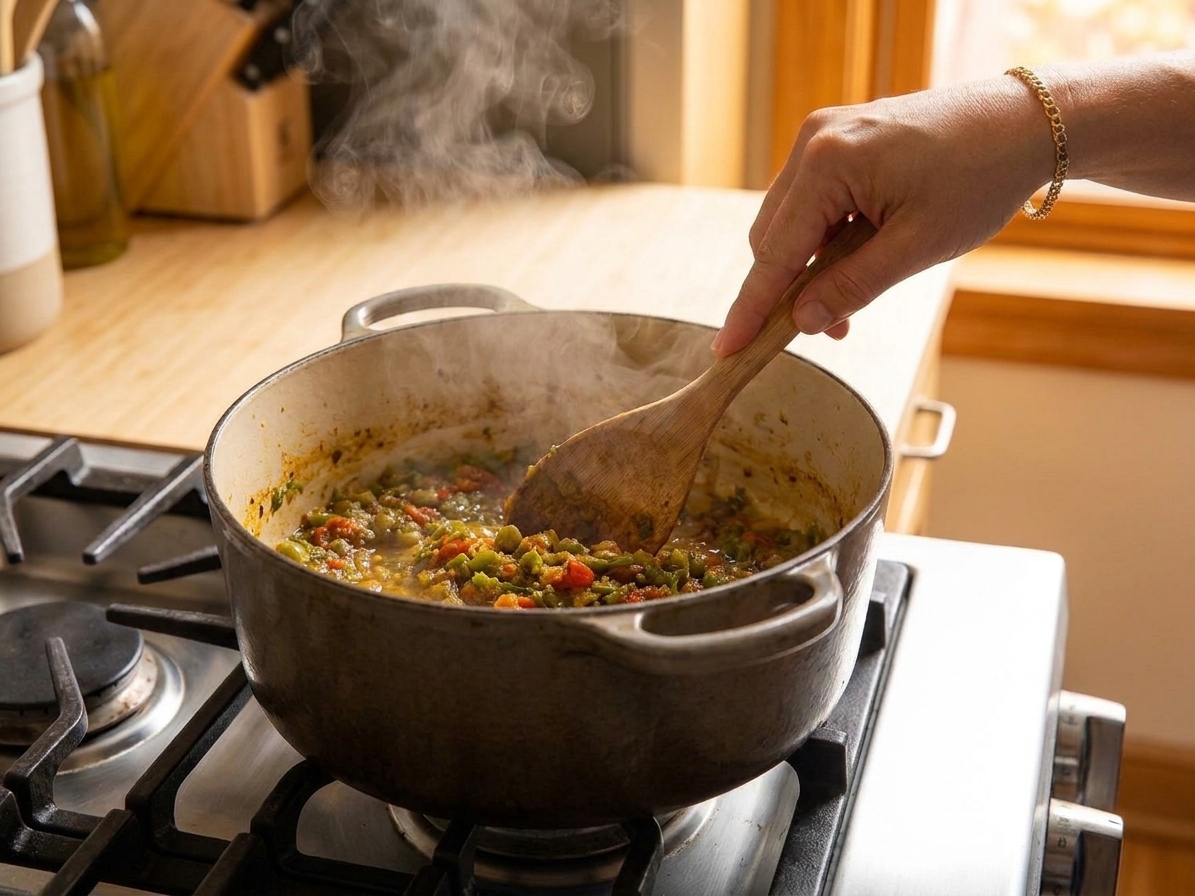 Sofrito sizzling in a heavy pot on a stovetop, with a wooden spoon stirring as steam rises