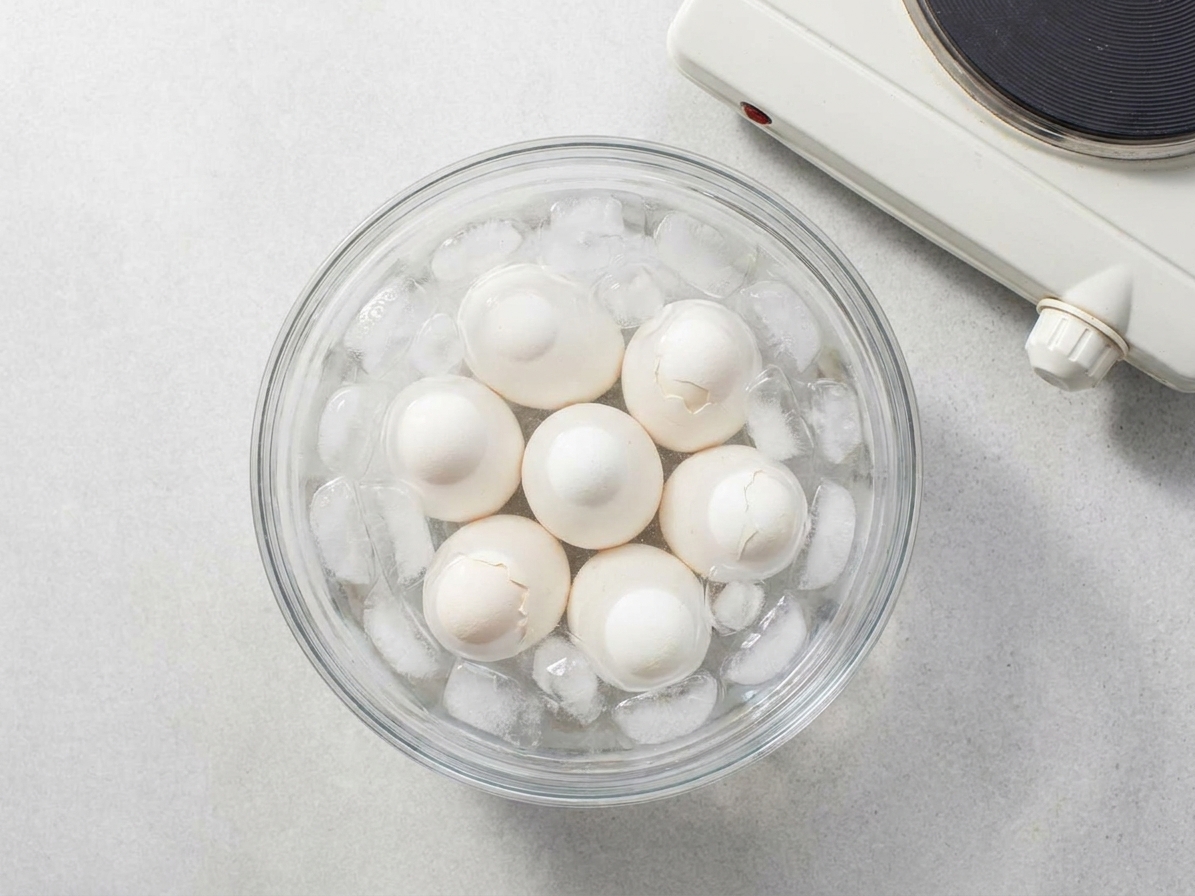 Soft-boiled eggs cooling in an ice bath in a bowl on a kitchen counter