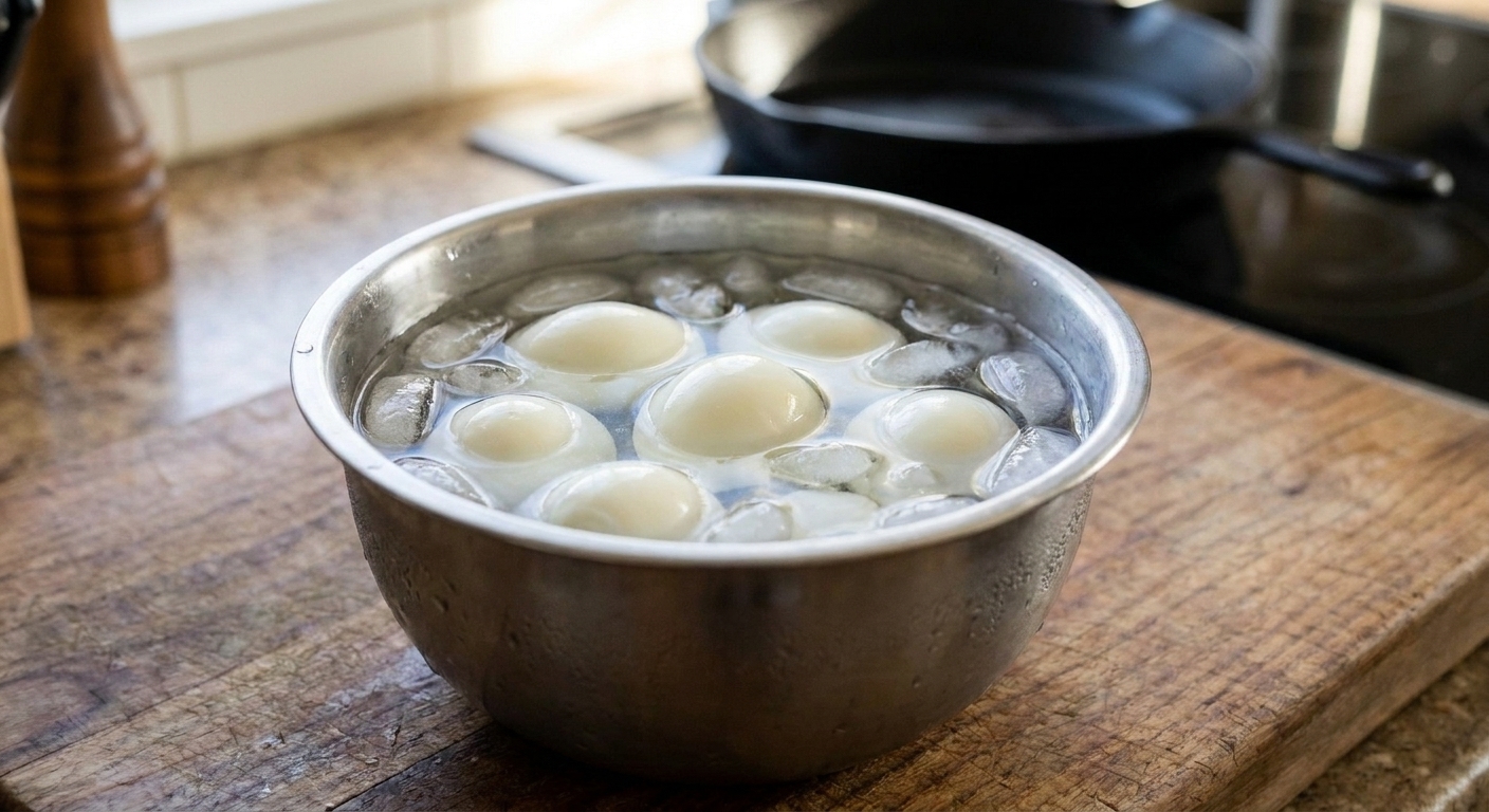 Soft-boiled eggs cooling in an ice bath in a metal bowl on a kitchen counter