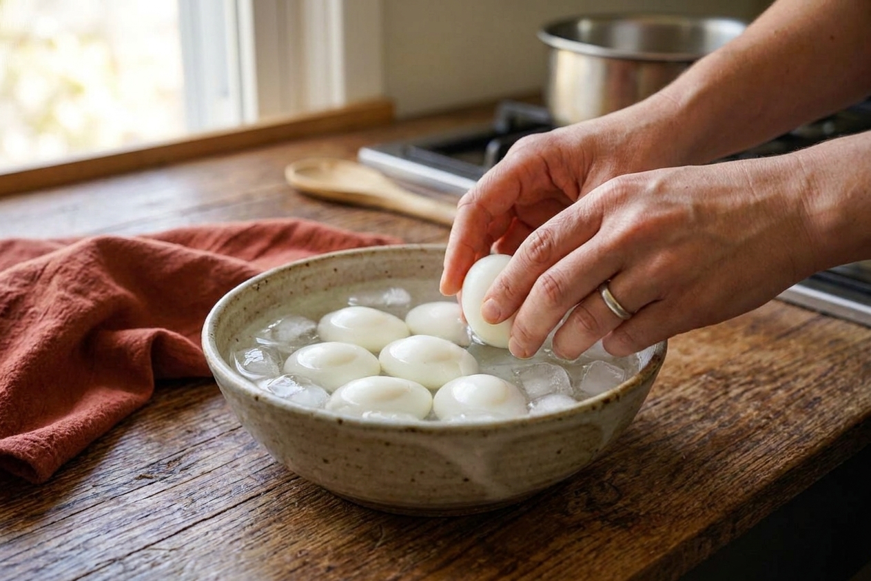 Soft-boiled eggs cooling in an ice bath on a kitchen counter