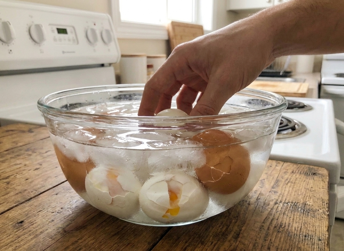 Soft-boiled eggs cooling in an ice water bowl on a kitchen counter, shells partially cracked