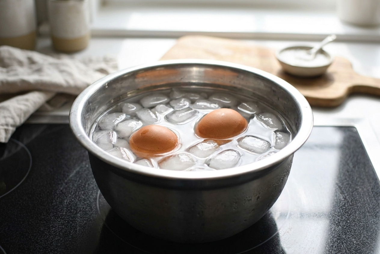 Soft-boiled eggs resting in an ice water bath in a metal bowl on the counter