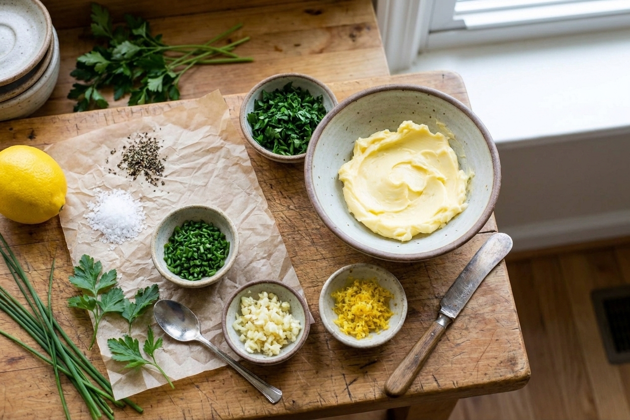 Soft butter, chopped parsley, chopped chives, minced garlic, lemon zest, salt, and pepper arranged on a clean kitchen counter with small bowls