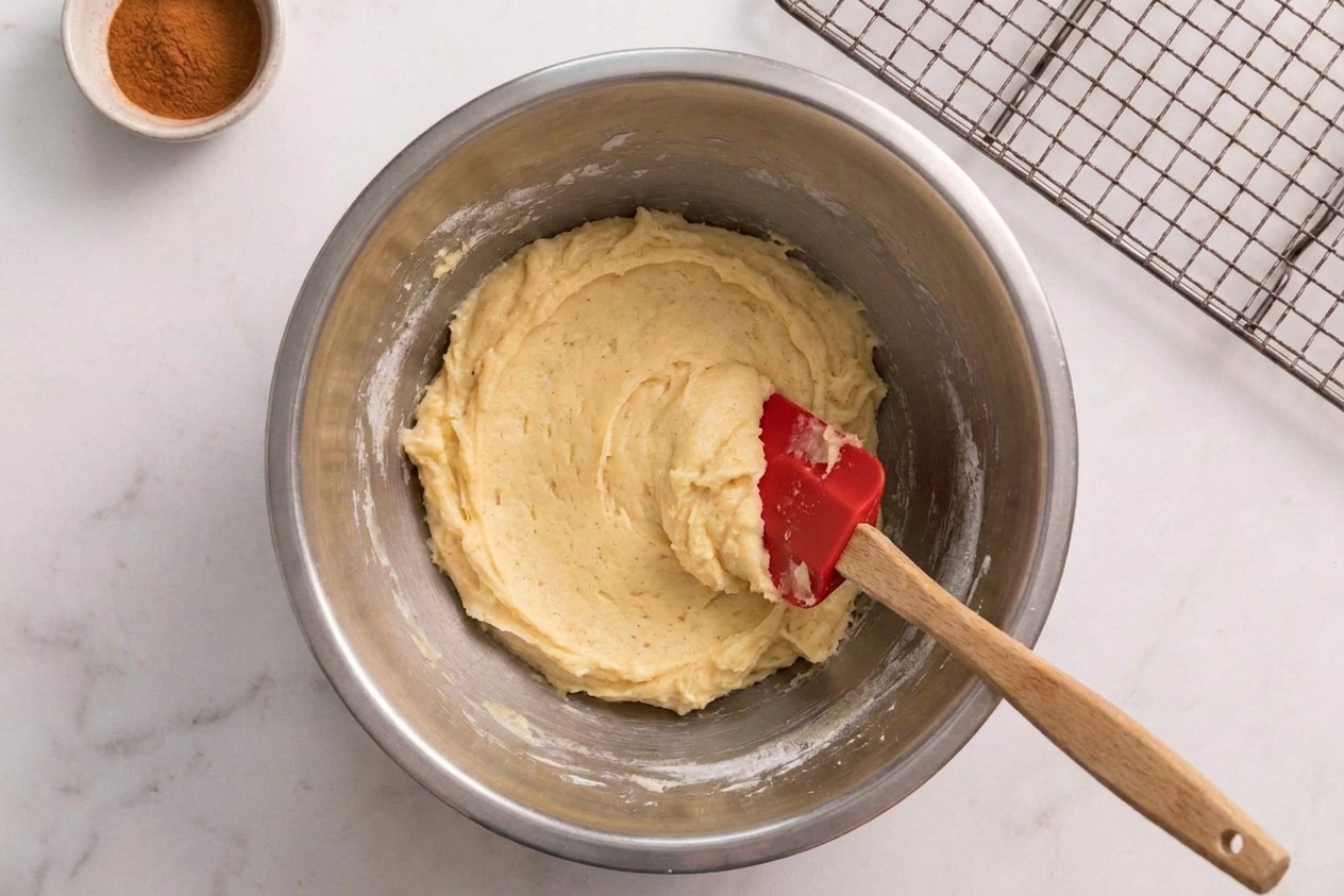 Soft cookie dough fully mixed in a large bowl with a rubber spatula