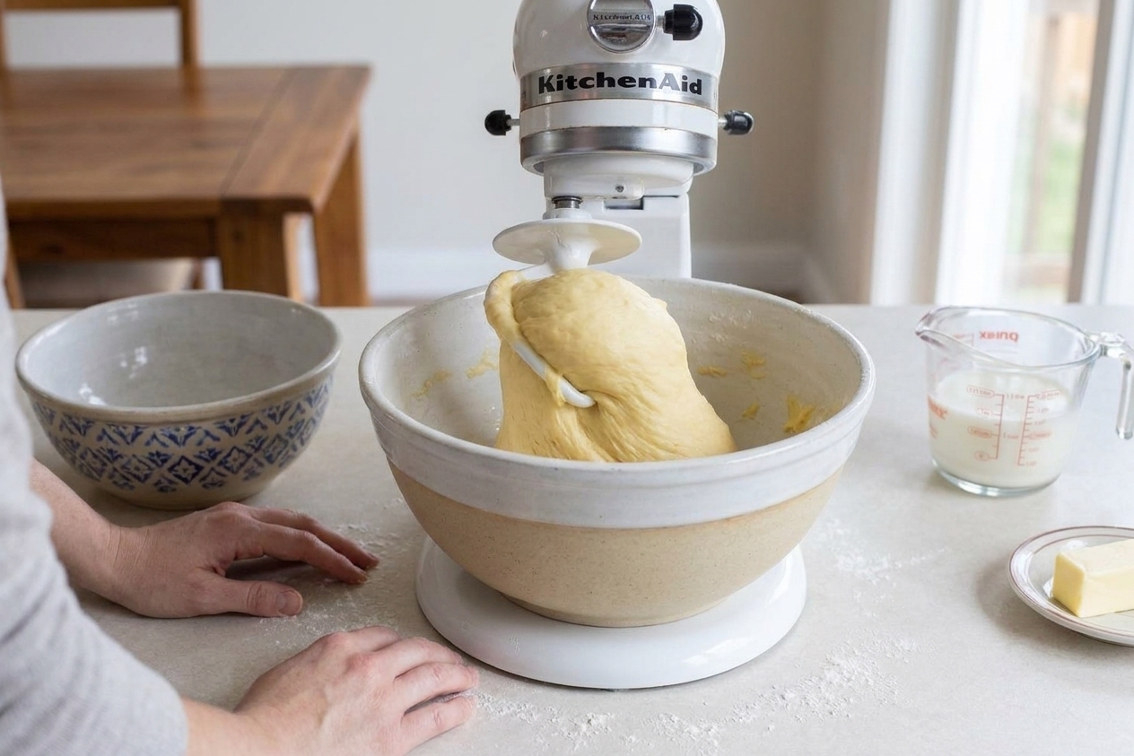 Soft enriched paczki dough being kneaded with a dough hook in a stand mixer bowl