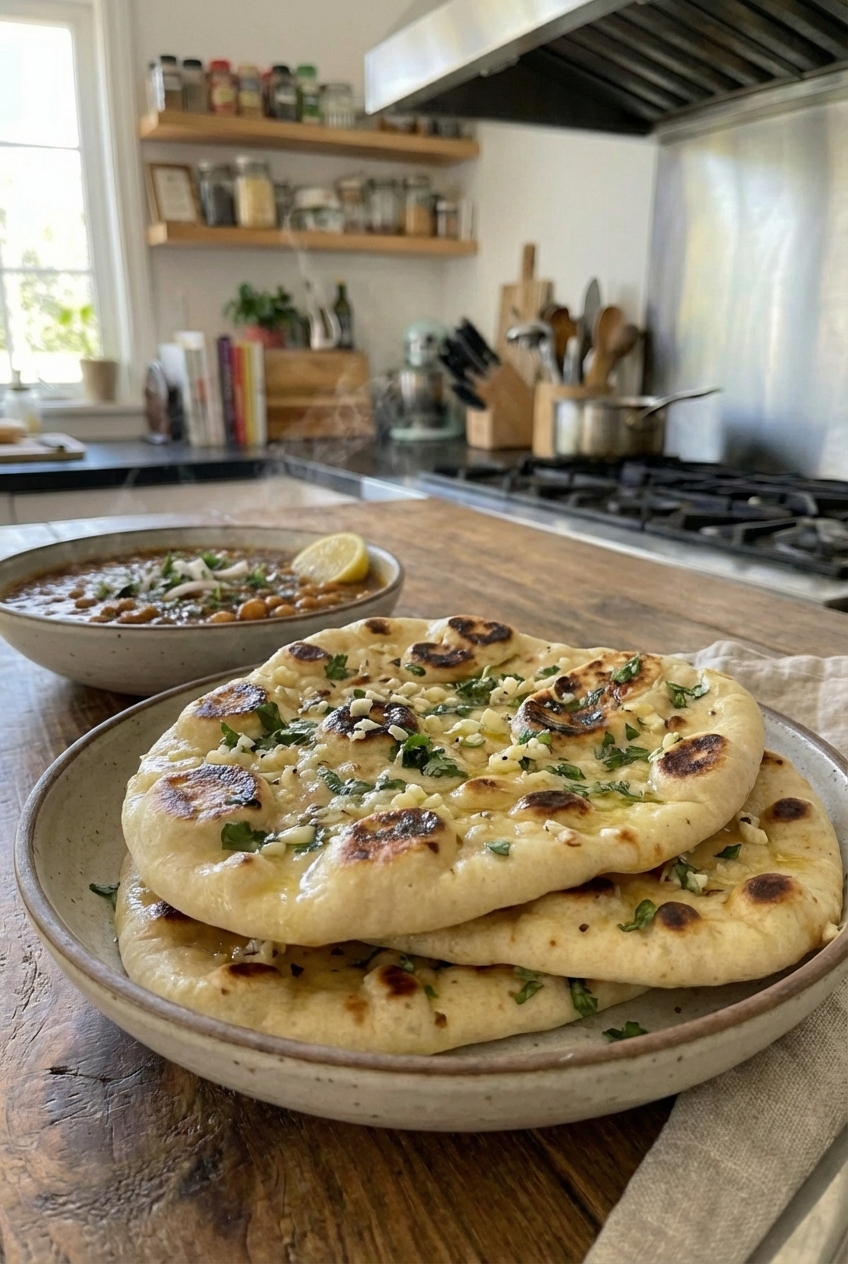 Soft garlic naan stacked on a plate with golden brown blistered spots