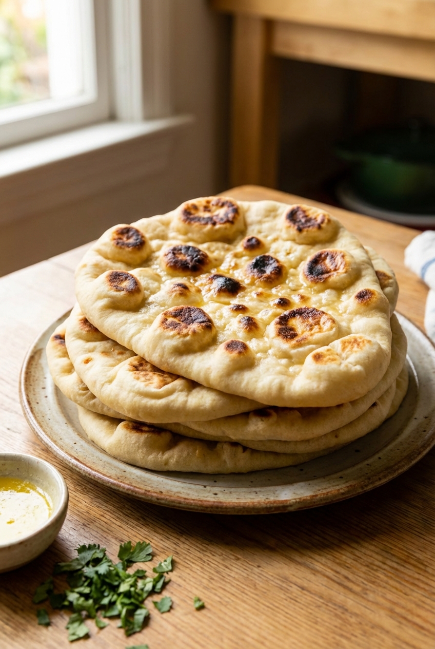 Soft naan bread with charred bubbles stacked on a plate