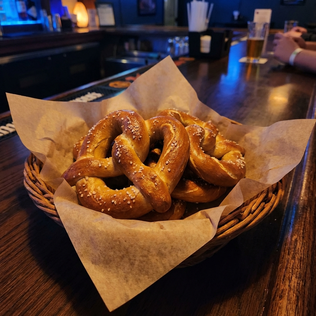 Soft pretzel twists piled in a basket lined with parchment paper
