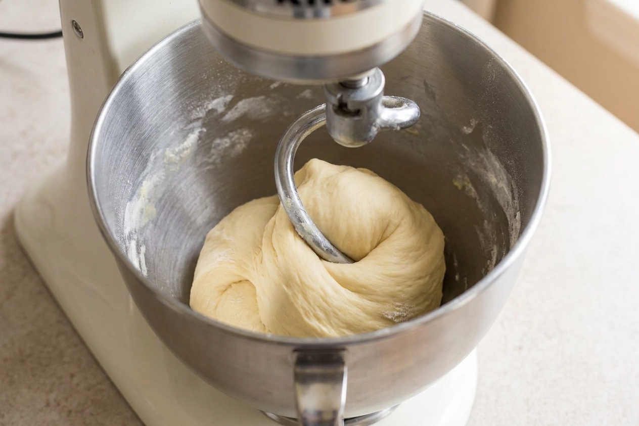Soft roll dough kneading on a dough hook in a stand mixer bowl