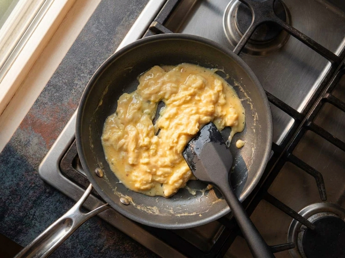 Soft scrambled eggs being gently pushed with a spatula in a nonstick skillet on a home stove, eggs still slightly glossy