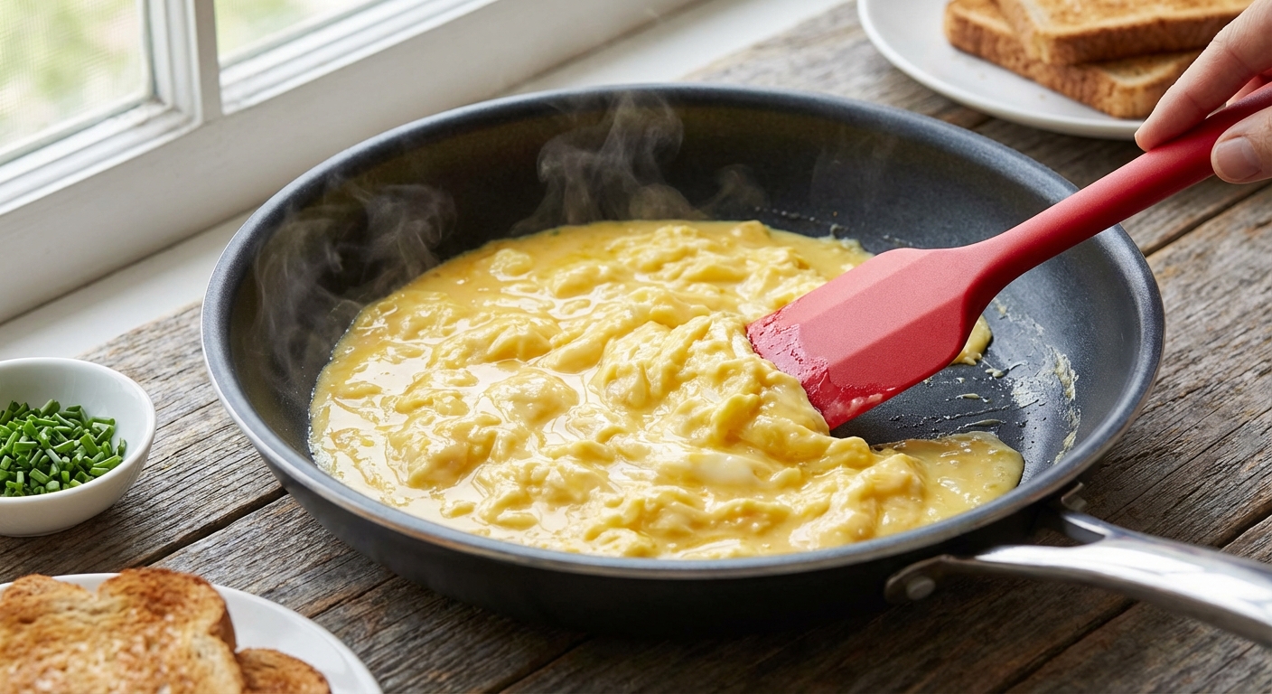 Soft scrambled eggs being gently stirred with a silicone spatula in a nonstick skillet