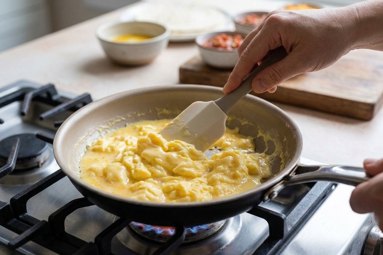 Soft scrambled eggs being gently stirred with a spatula in a nonstick skillet on a stovetop