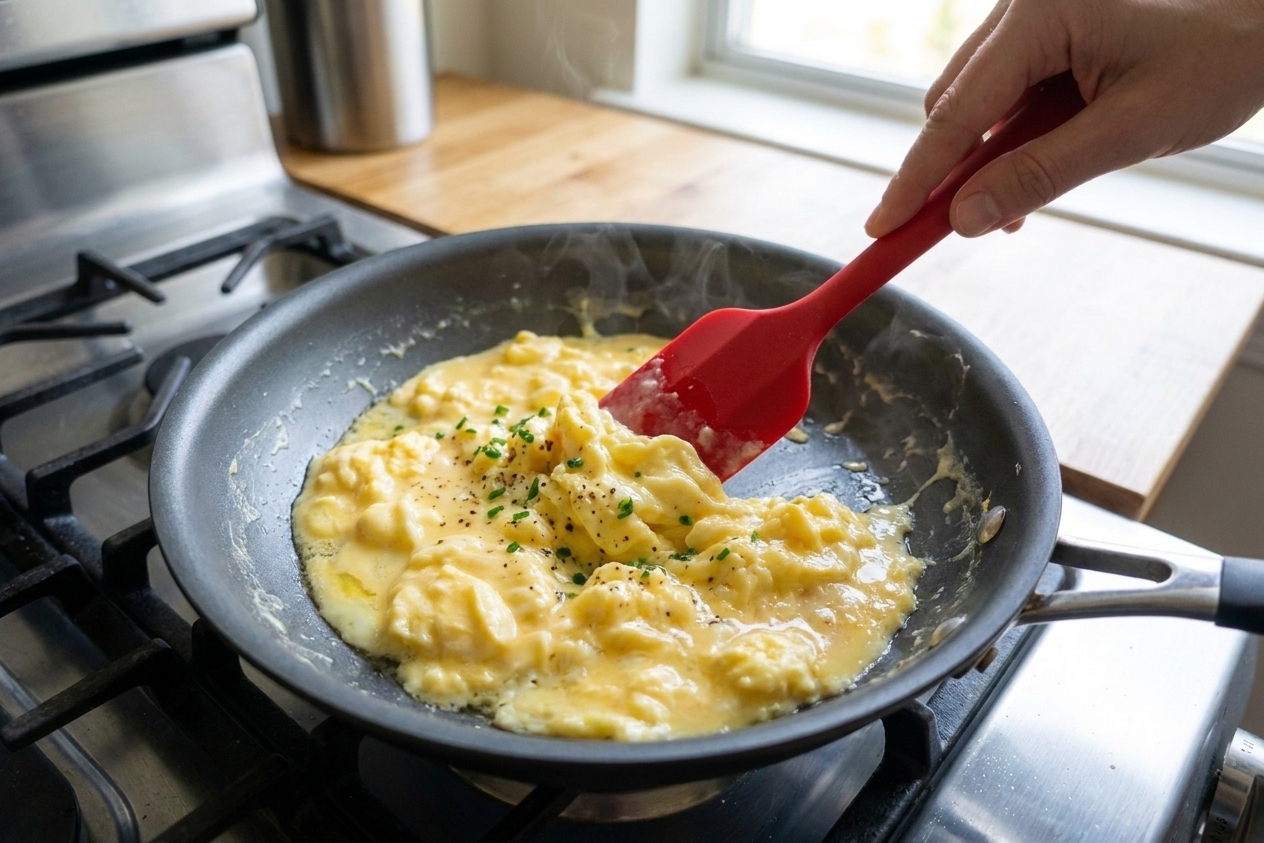 Soft scrambled eggs cooking in a nonstick skillet while a silicone spatula gently folds them