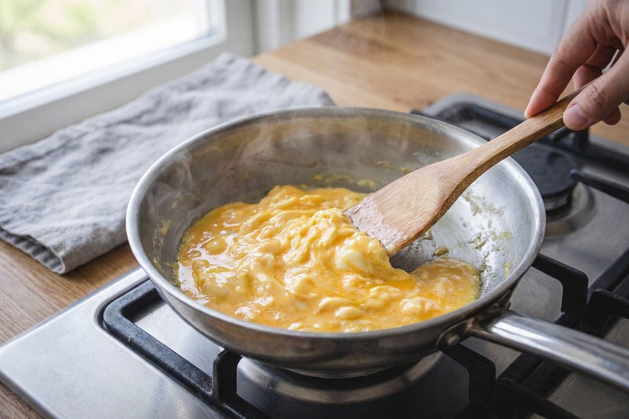 Soft scrambled eggs cooking in a skillet on a stovetop, still glossy and slightly runny