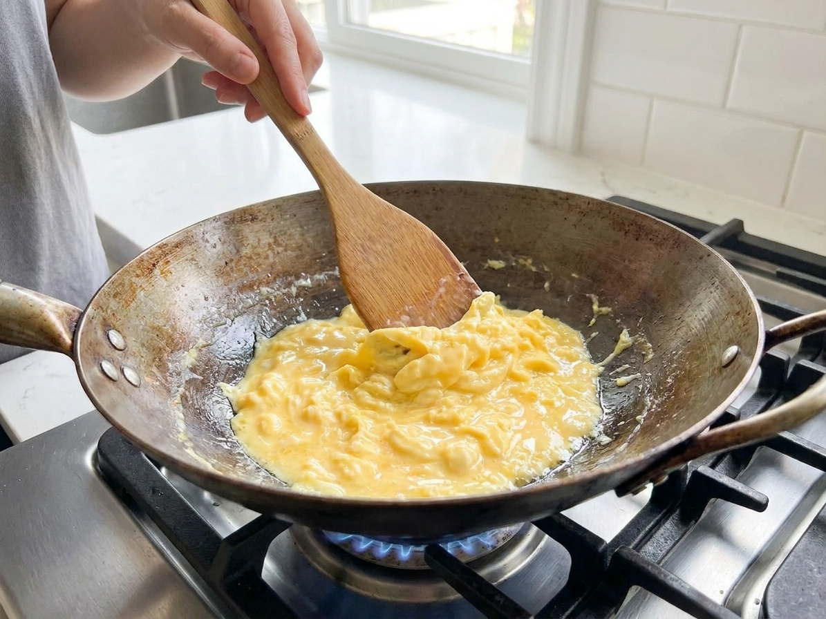 Soft scrambled eggs cooking in a wok on a gas stove while a spatula gently stirs