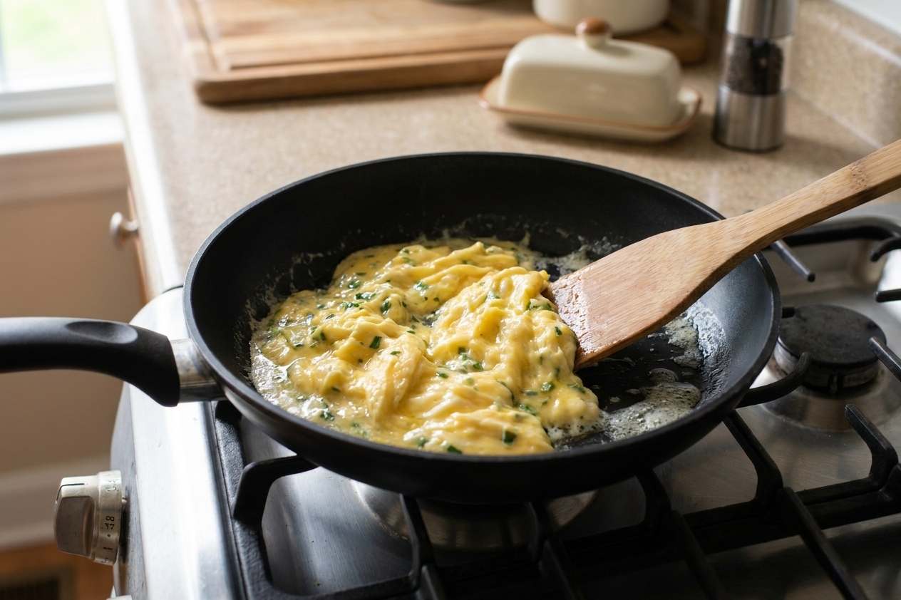 Soft scrambled eggs forming fluffy curds in a skillet as a spatula gently stirs