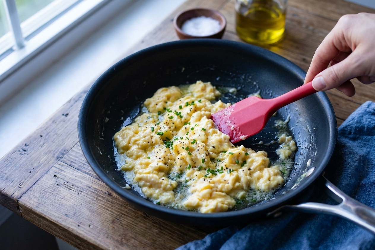 Soft scrambled eggs forming small creamy curds in a nonstick skillet as the eggs are stirred with a silicone spatula
