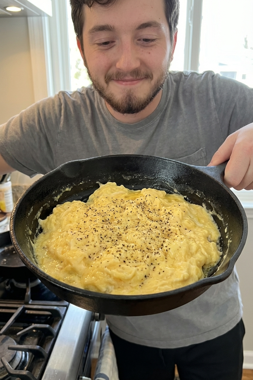 Soft scrambled eggs in a skillet topped with freshly cracked pepper