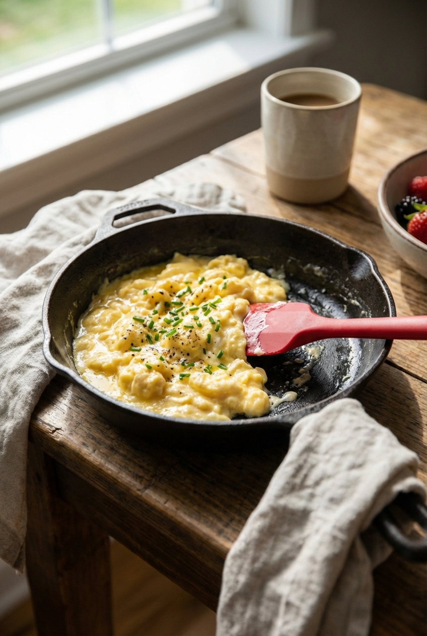 Soft scrambled eggs in a skillet with a silicone spatula