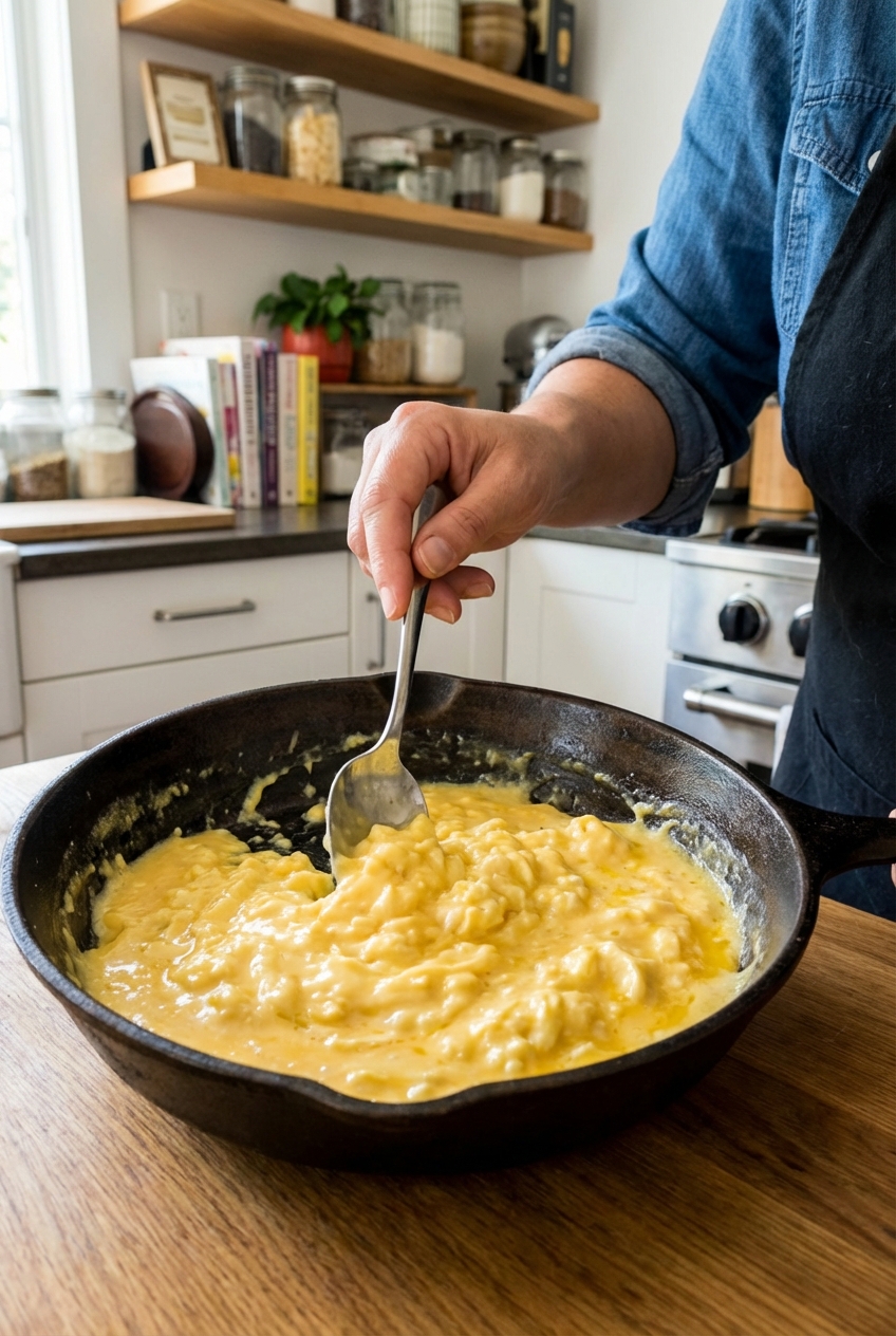 Soft scrambled eggs in a skillet with a spoon