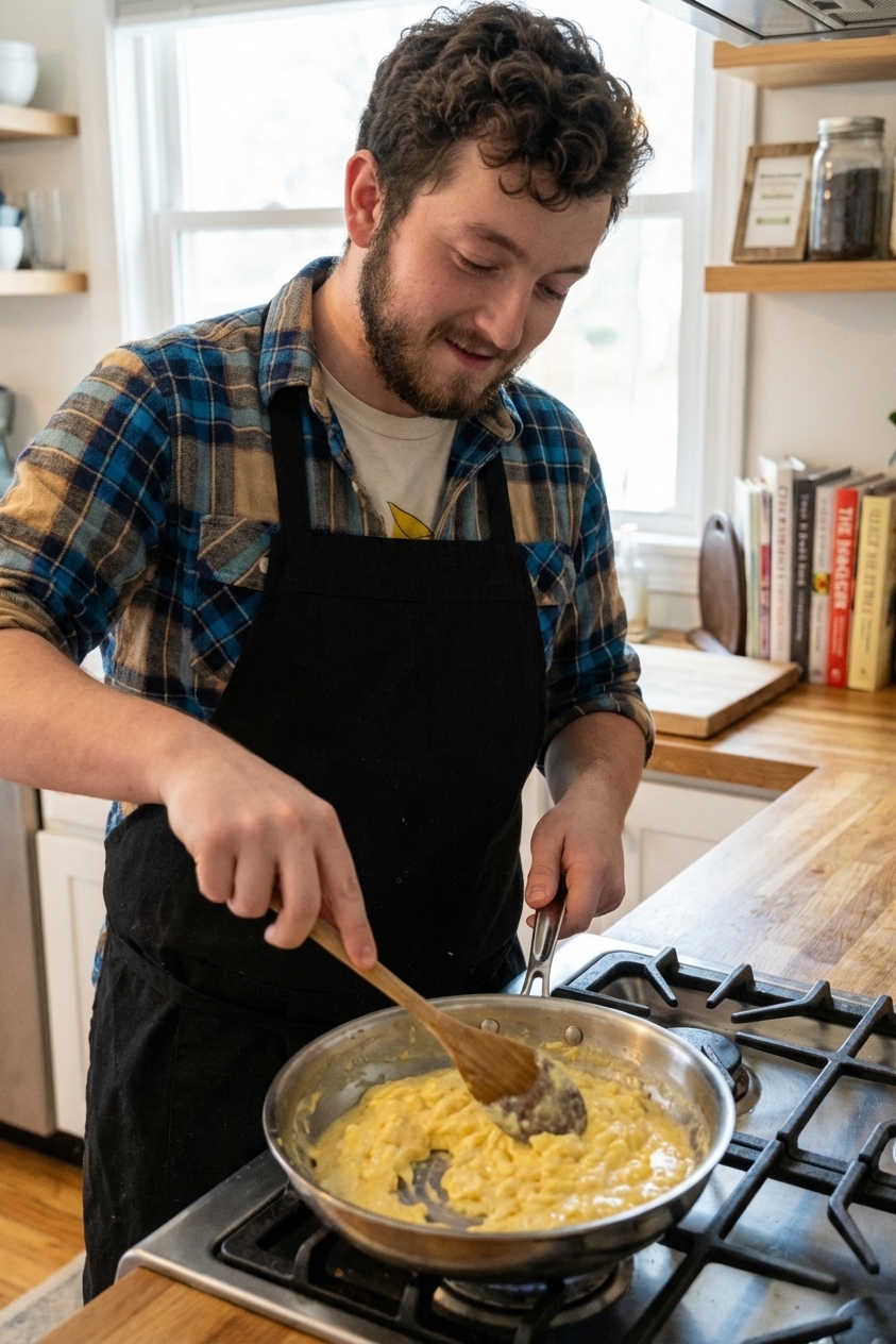 Soft scrambled eggs in a skillet with a wooden spoon