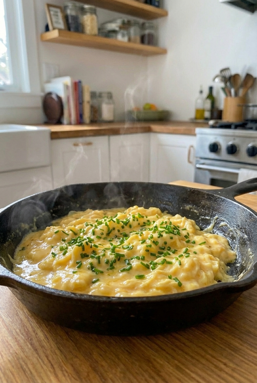 Soft scrambled eggs in a skillet with chives sprinkled on top